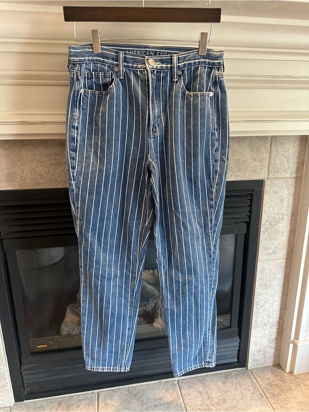 American Eagle Outfitters Women’s Blue Pinstripe Straight Leg High Waist Jeans